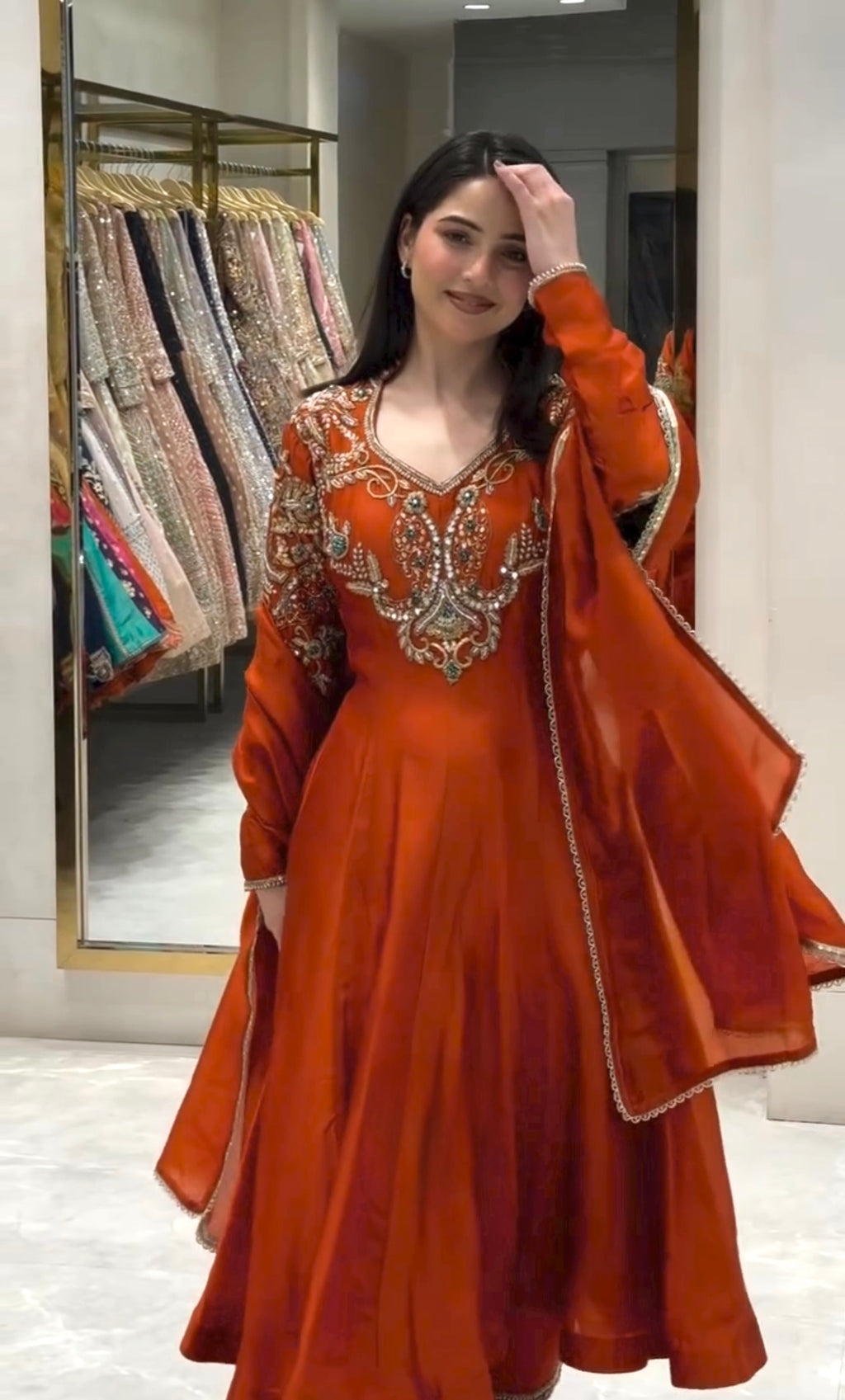 Rust Orange Roman Silk Anarkali Gown with Palazzo & Dupatta – Embroidered Party Wear Set