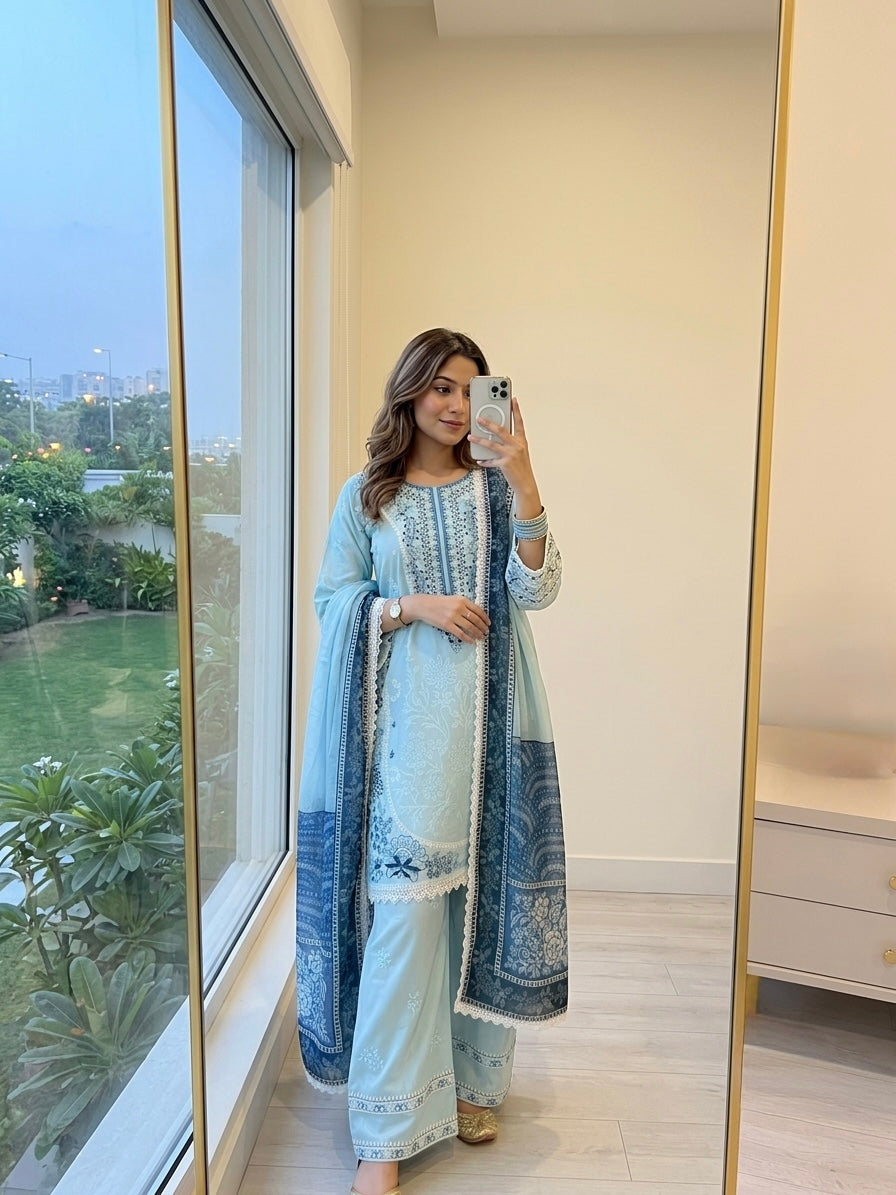Embroidered Satin Rayon Kurta with Farshi Palazzo & Printed Dupatta Set – Party Wear