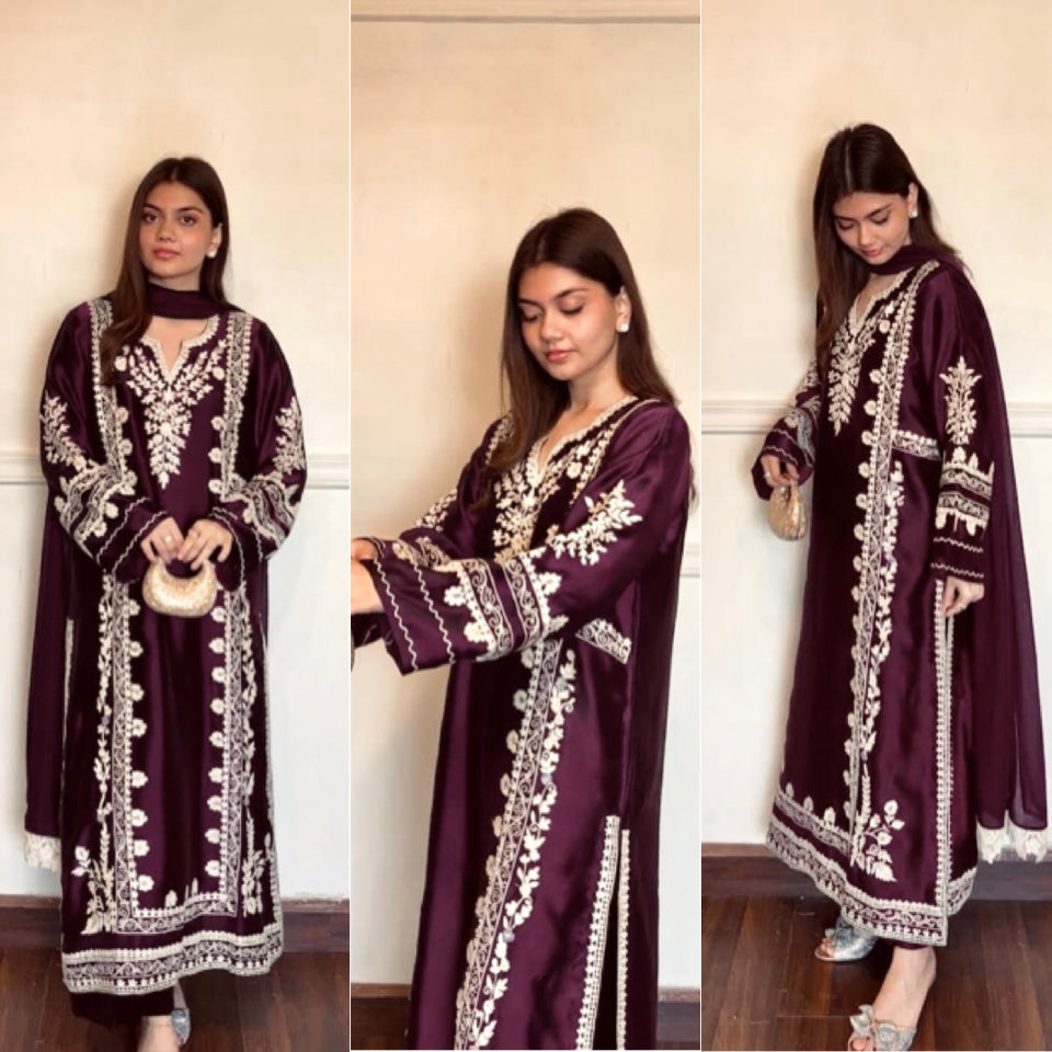 Plum Satin Rayon Embroidered Long Kaftan Kurta with Pant & Organza Dupatta Set
