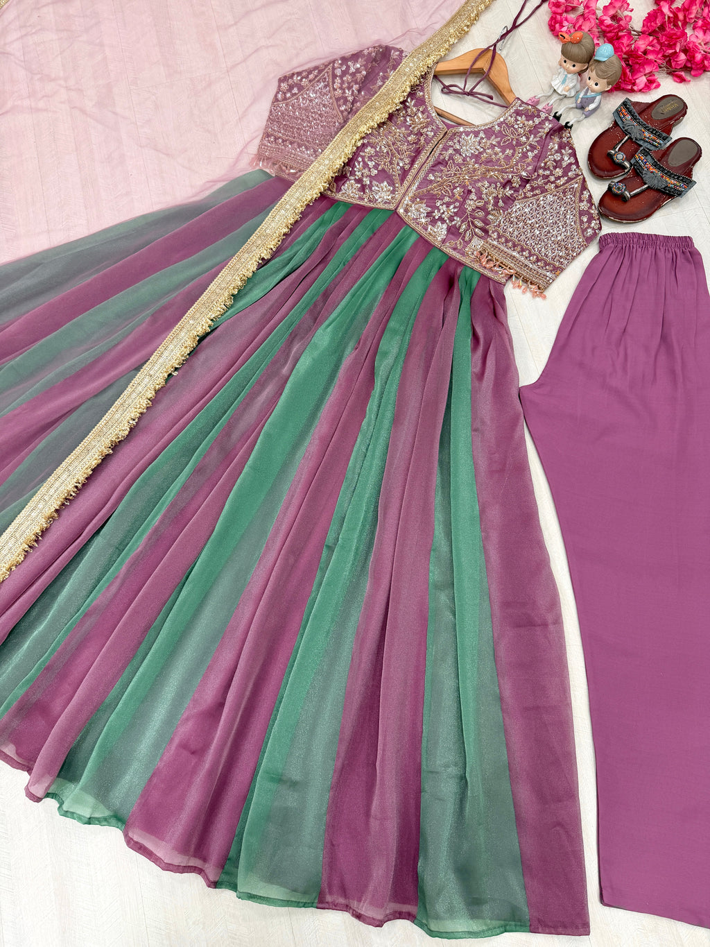 Embroidered Moss Silk Anarkali Gown Set with Dupatta & Bottom