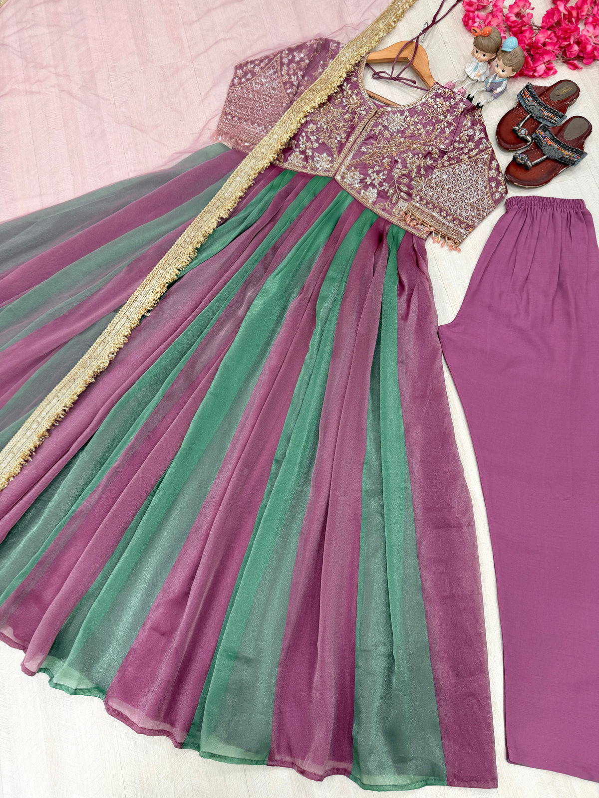 Embroidered Moss Silk Anarkali Gown Set with Dupatta & Bottom
