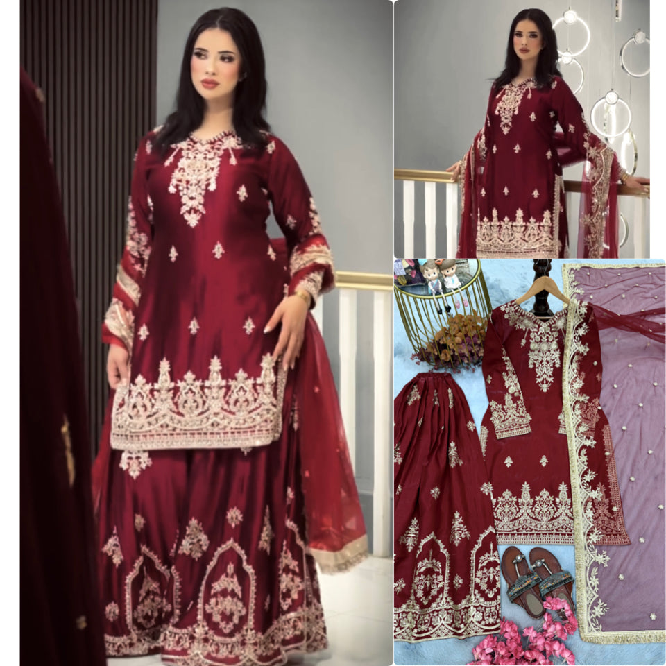 Wine Red Glass Satin Embroidered Kurta with Palazzo & Organza Dupatta – Party Wear Set