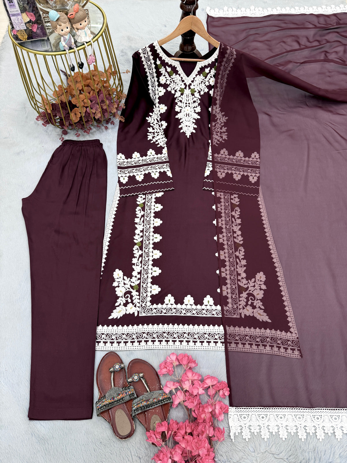 Plum Satin Rayon Embroidered Long Kaftan Kurta with Pant & Organza Dupatta Set