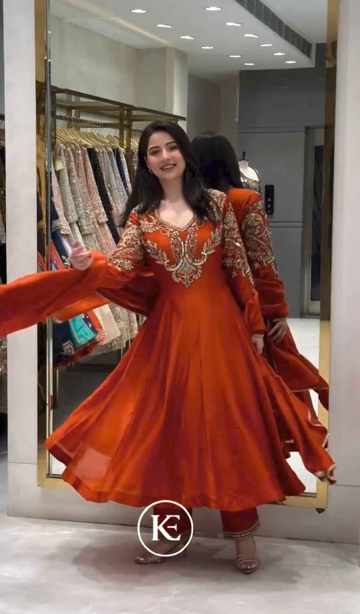 Rust Orange Roman Silk Anarkali Gown with Palazzo & Dupatta – Embroidered Party Wear Set