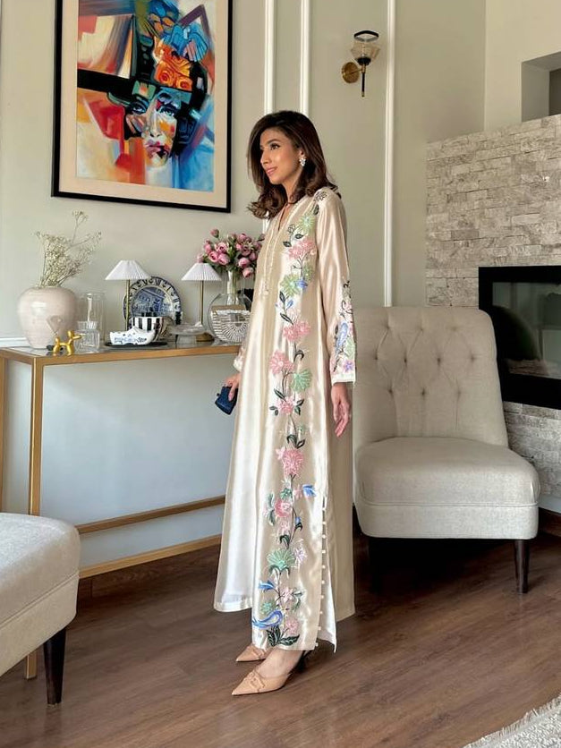 Embroidered Roman Glass Oversized Kaftan Set with Bottom & Dupatta
