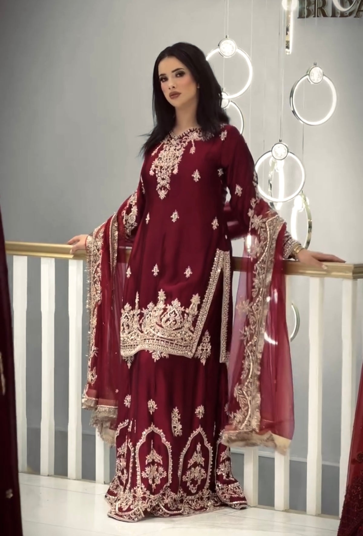 Wine Red Glass Satin Embroidered Kurta with Palazzo & Organza Dupatta – Party Wear Set