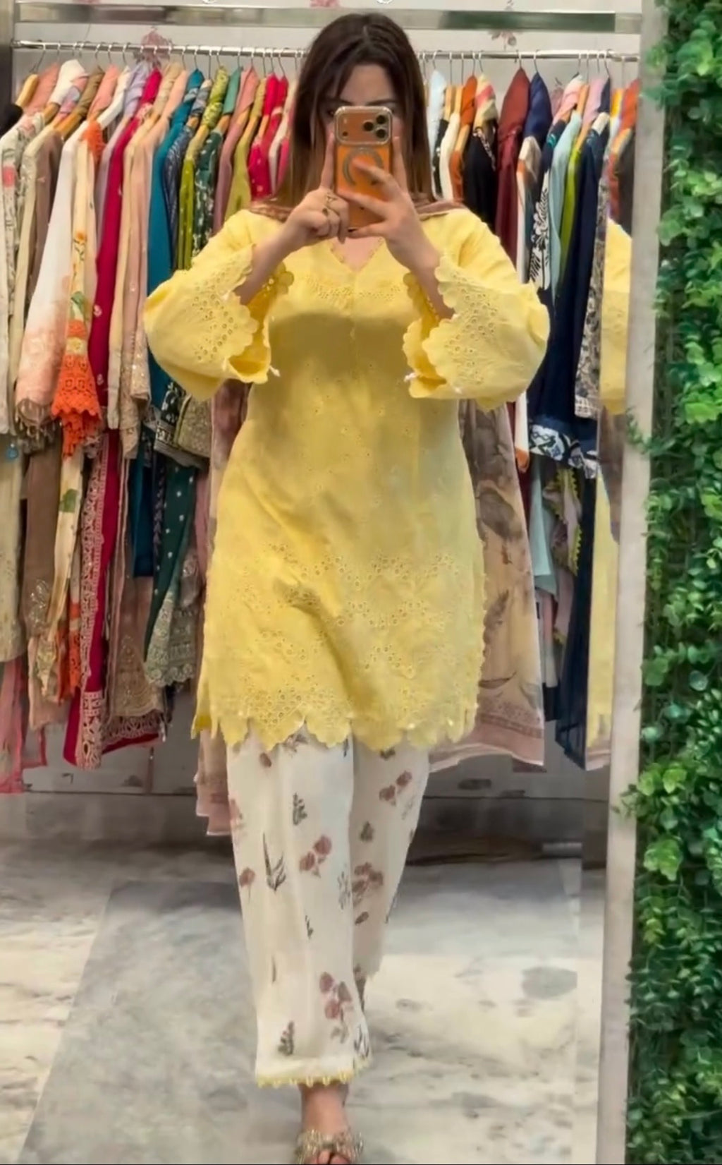 Lemon Yellow Cambric Cotton Eyelet Embroidered Kurta with Printed Palazzo & Dupatta Set