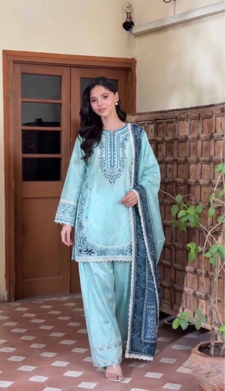 Embroidered Satin Rayon Kurta with Farshi Palazzo & Printed Dupatta Set – Party Wear