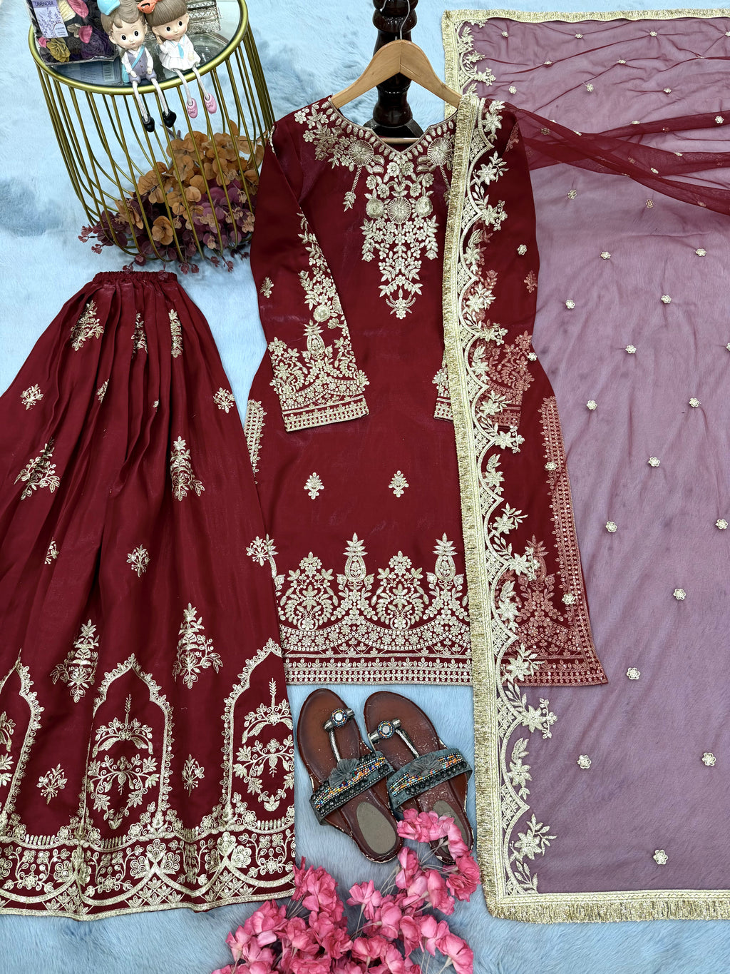 Wine Red Glass Satin Embroidered Kurta with Palazzo & Organza Dupatta – Party Wear Set