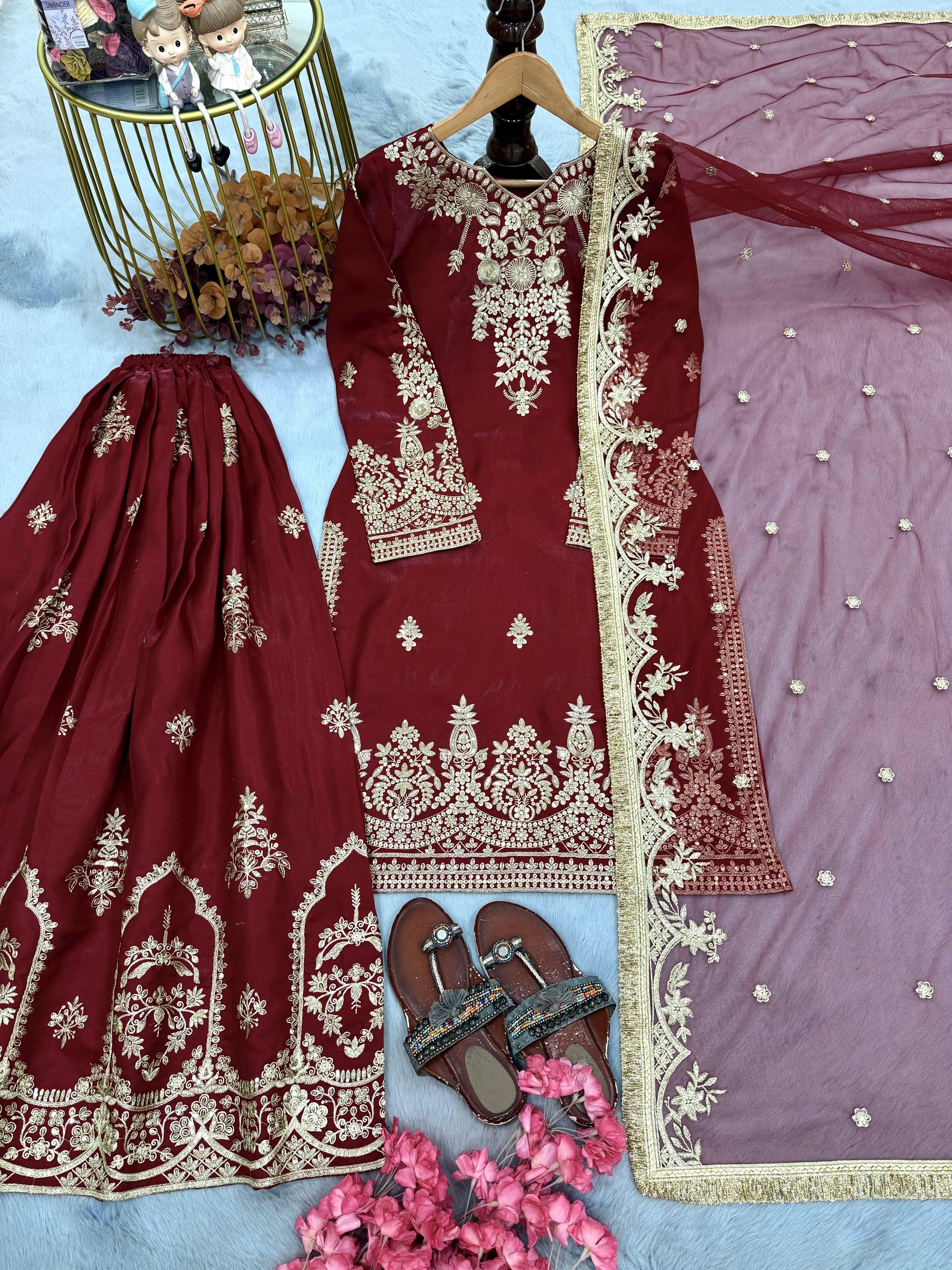 Wine Red Glass Satin Embroidered Kurta with Palazzo & Organza Dupatta – Party Wear Set