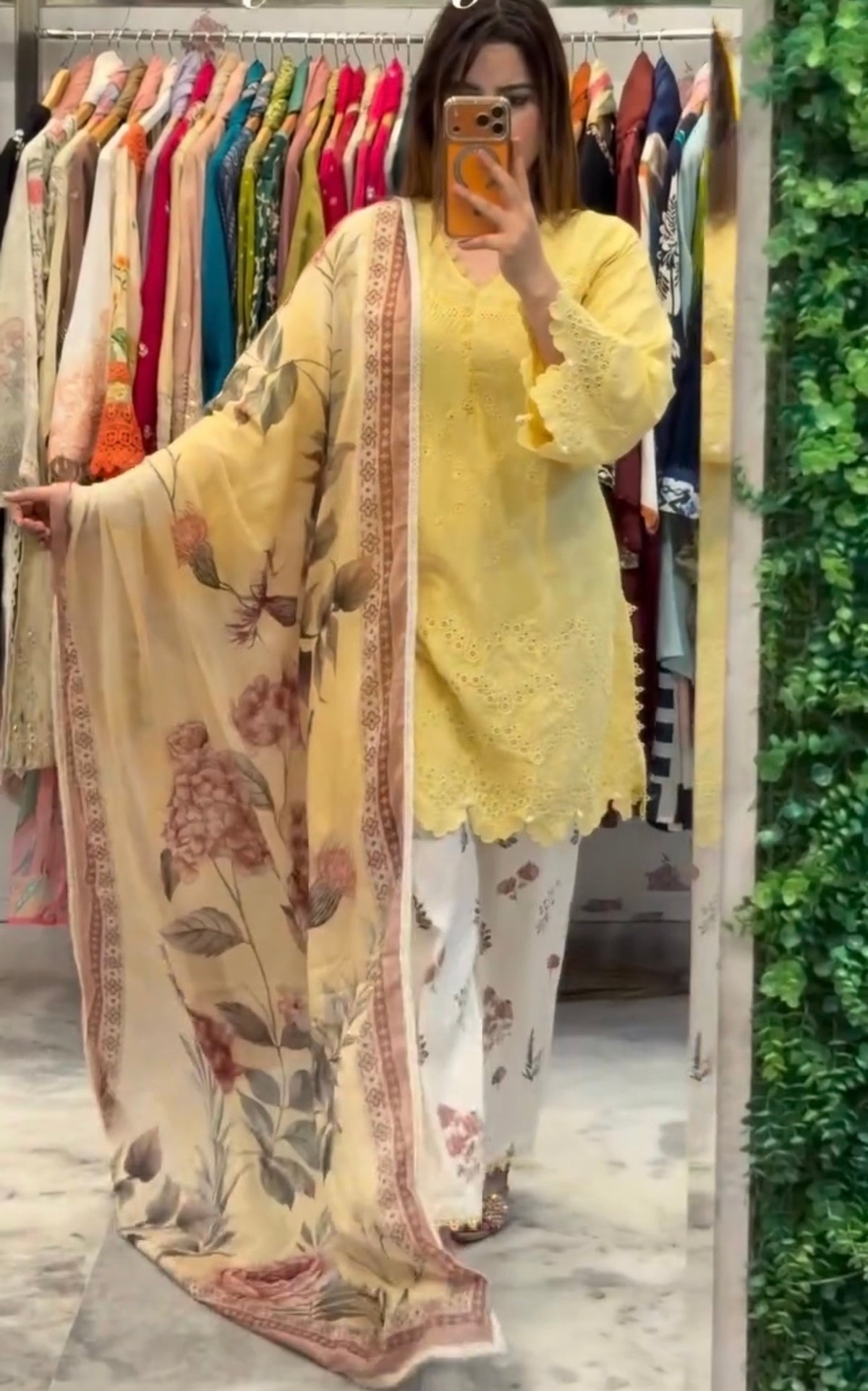 Lemon Yellow Cambric Cotton Eyelet Embroidered Kurta with Printed Palazzo & Dupatta Set