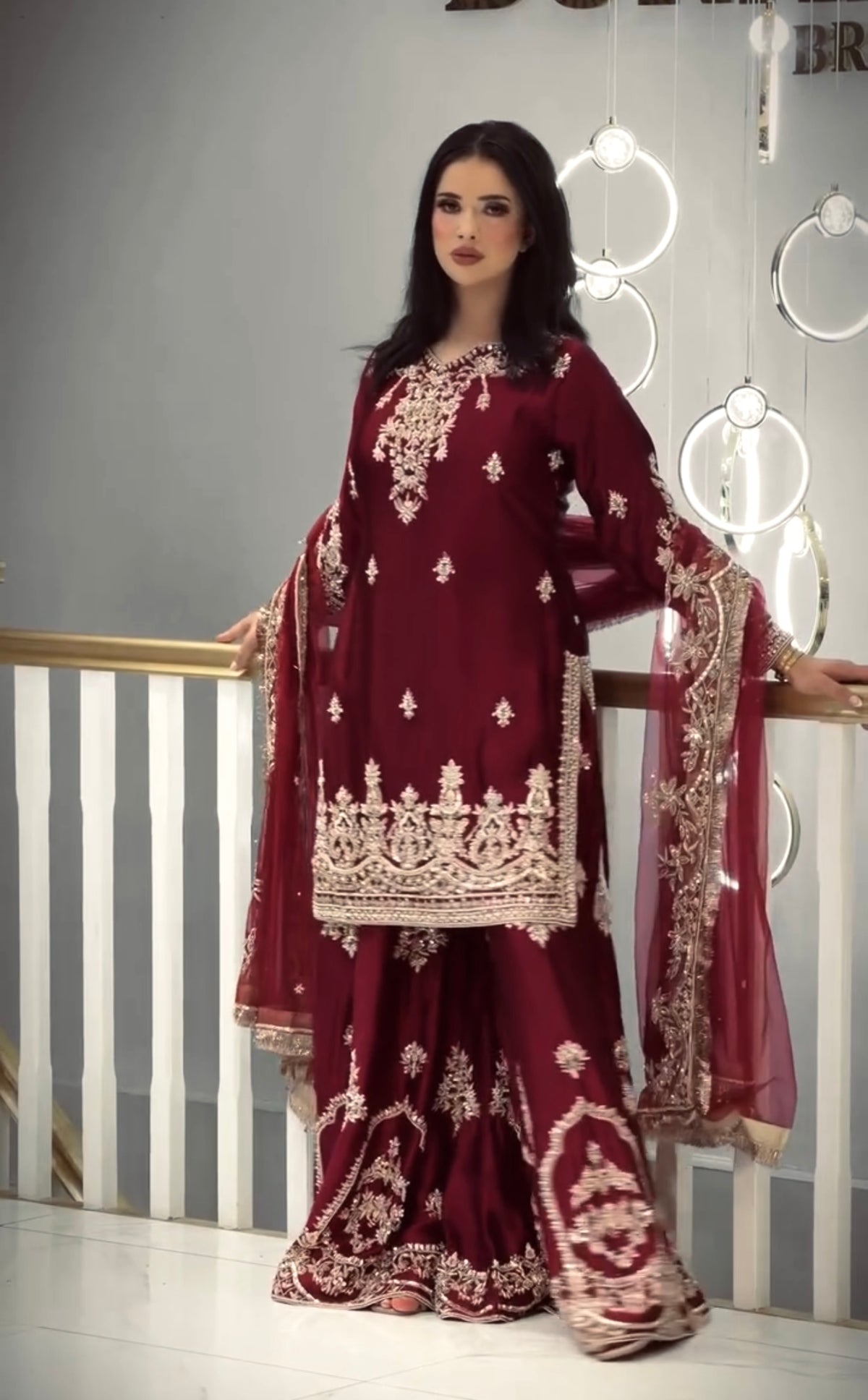 Wine Red Glass Satin Embroidered Kurta with Palazzo & Organza Dupatta – Party Wear Set