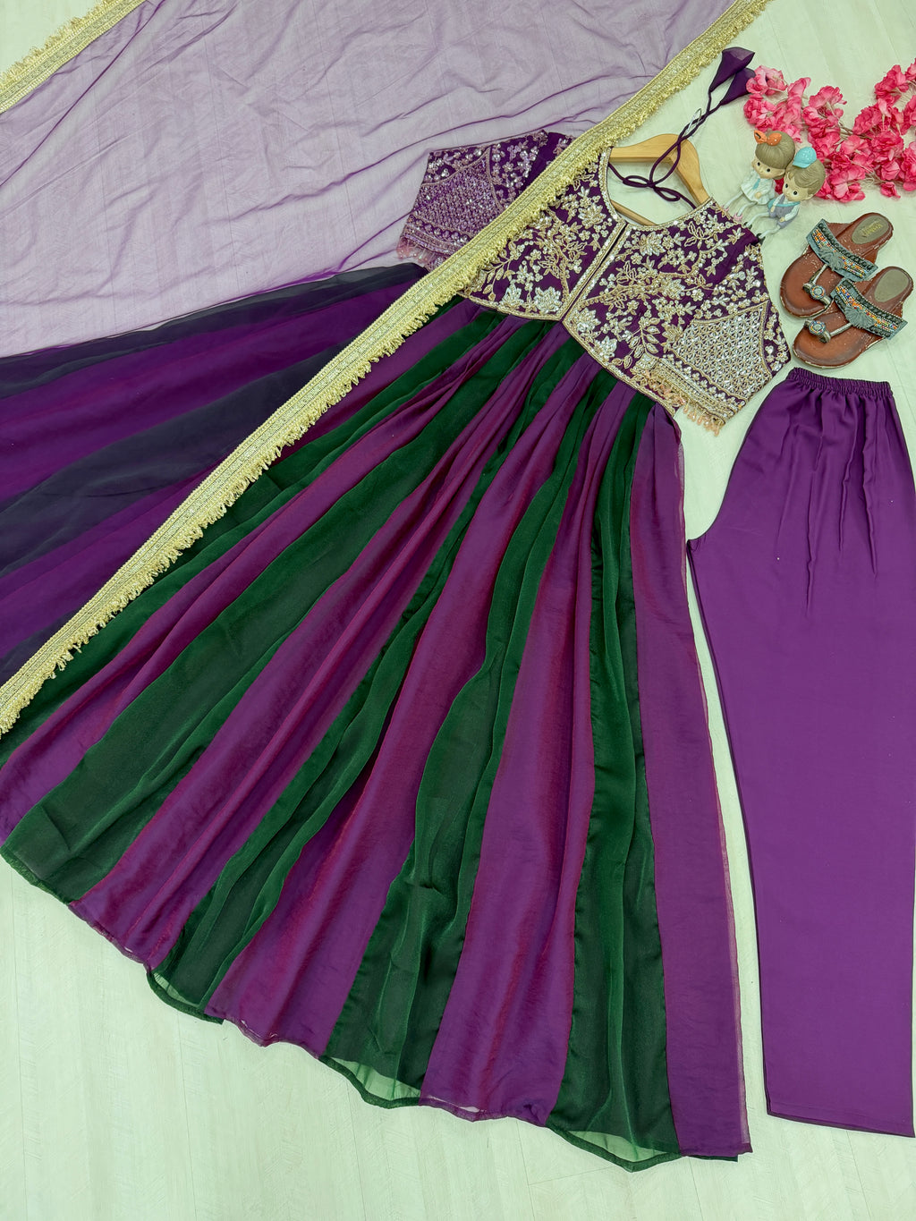 Embroidered Moss Silk Anarkali Gown Set with Dupatta & Bottom