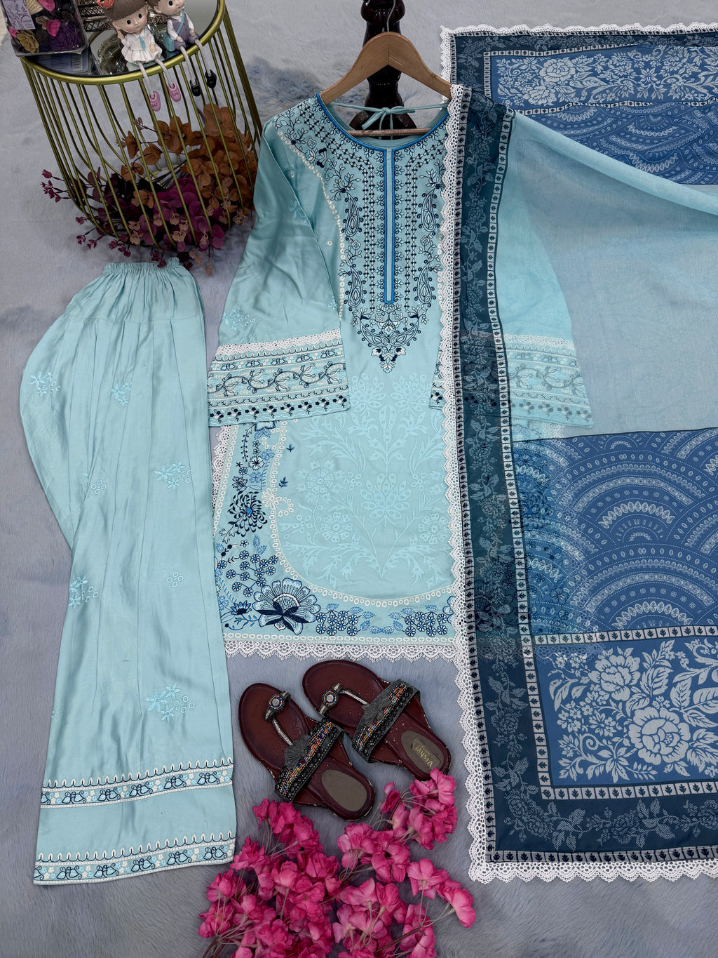 Embroidered Satin Rayon Kurta with Farshi Palazzo & Printed Dupatta Set – Party Wear