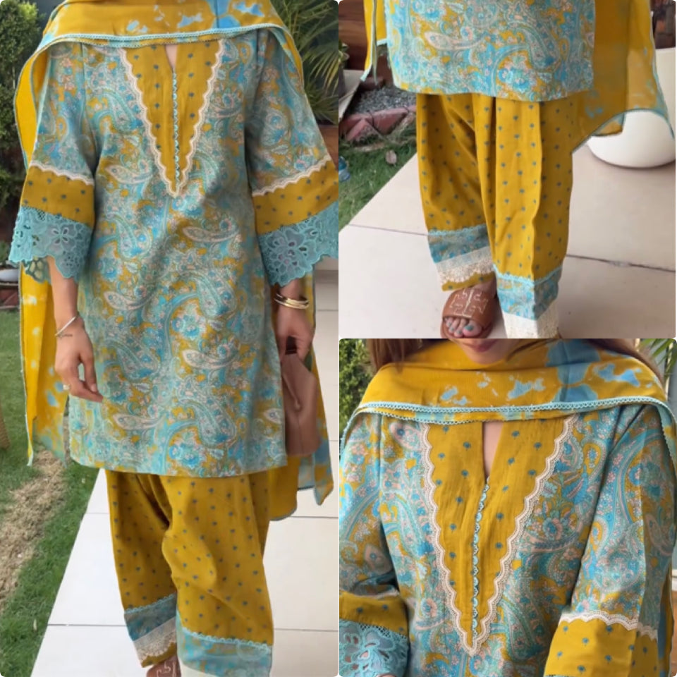 Printed Cambric Cotton Farshi Palazzo Set with Dupatta