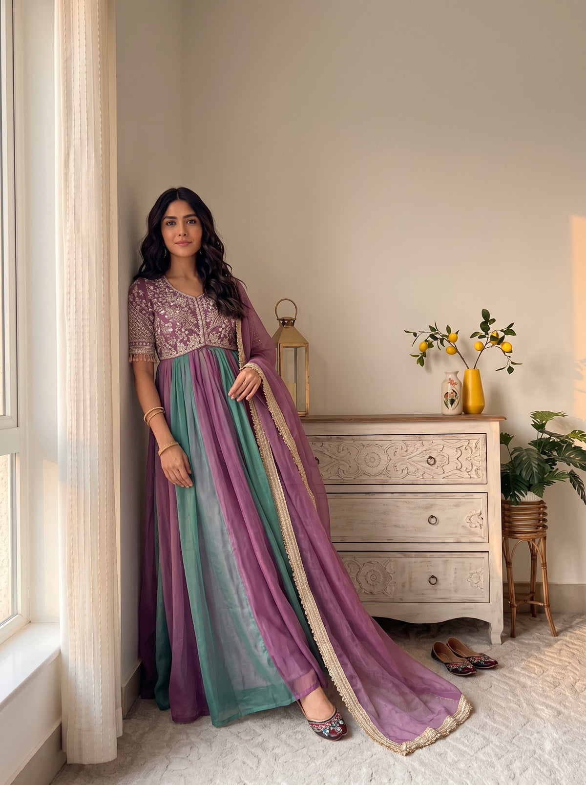 Embroidered Moss Silk Anarkali Gown Set with Dupatta & Bottom