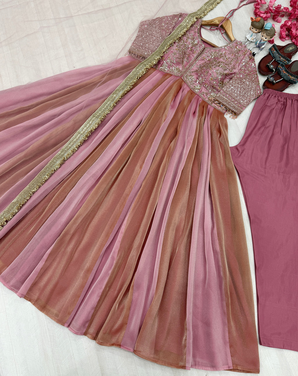Embroidered Moss Silk Anarkali Gown Set with Dupatta & Bottom